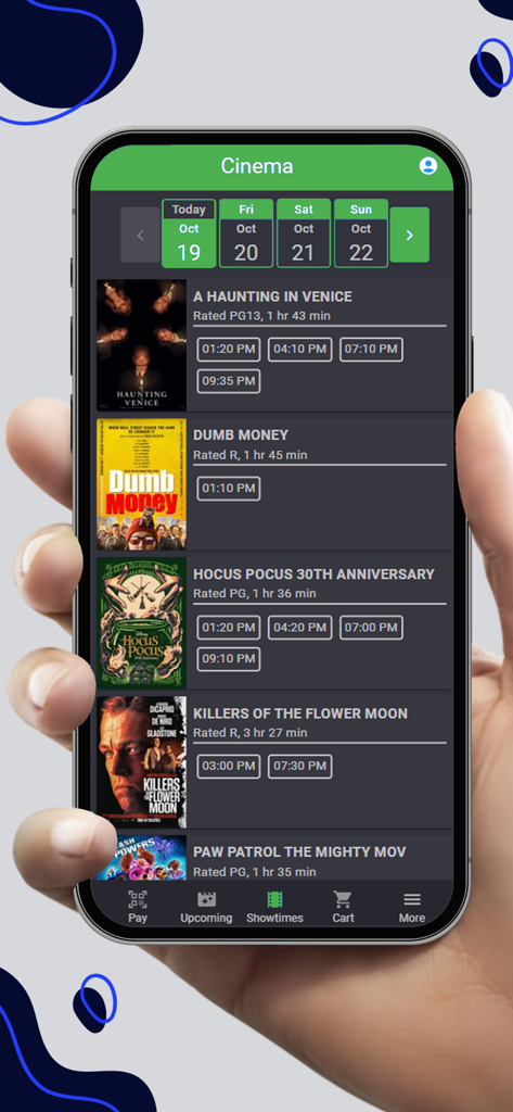 Emerald Cinemaの毎日の映画上映時間を表示するモバイルアプリ画面