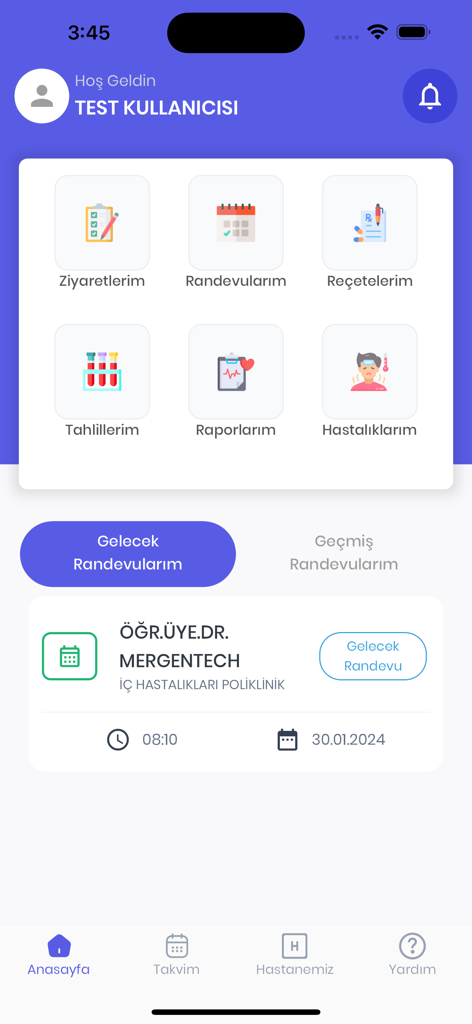 Cep Hastane - User dashboard of the Cep Hastane mobile app displaying health management categories and an upcoming appointment record.