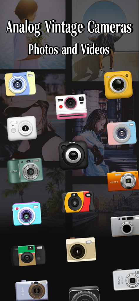 Dazz Camera - Una collezione di varie icone di fotocamere analogiche e vintage colorate dall'interfaccia dell'app Dazz Camera