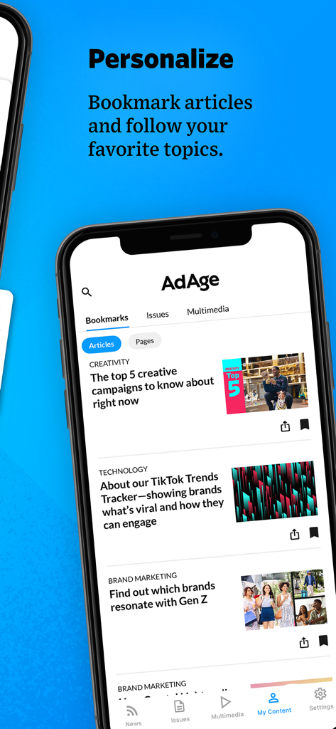 Ad Age - Smartphone screen showing the Ad Age app Bookmarks section with saved marketing and technology articles