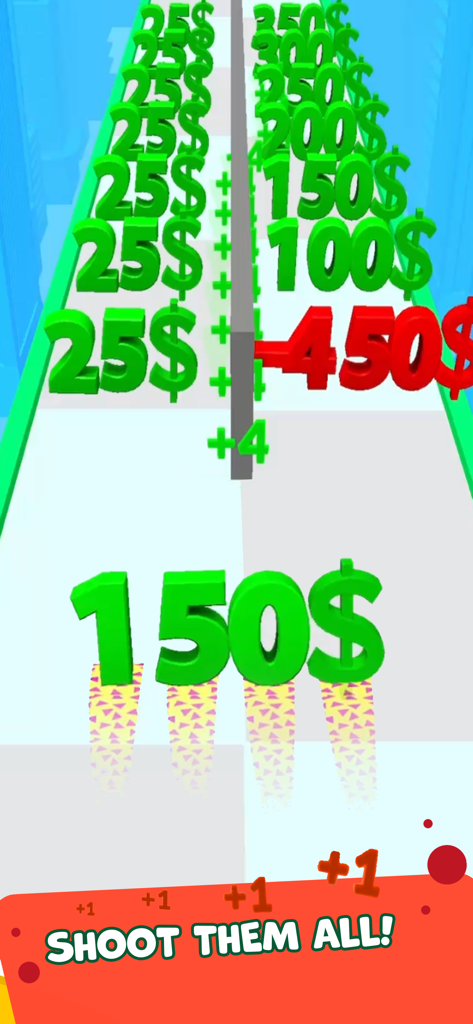 A hyper casual runner game screen featuring numerical dollar projectiles and target gates