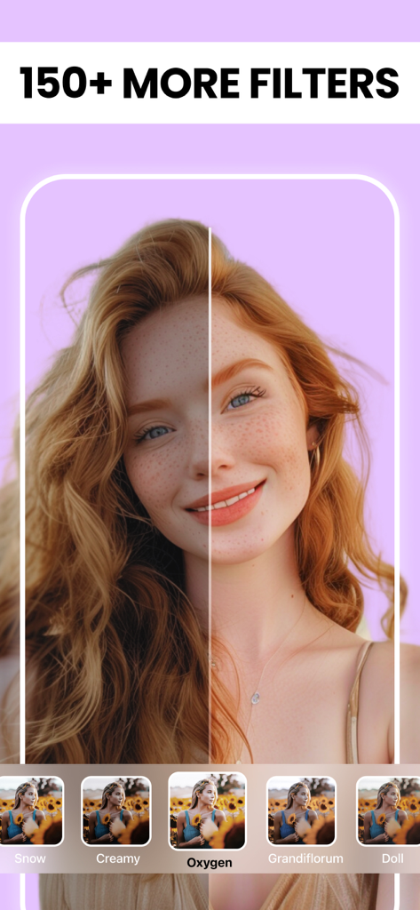 Retouch - AI Face Editor - Comparação antes e depois de uma selfie usando um filtro de beleza no aplicativo Retouch