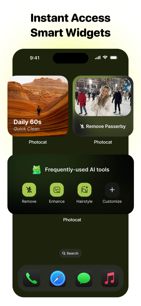 PhotoCat - Enhancer & Cleaner - Pantalla de inicio de iPhone mostrando widgets inteligentes de PhotoCat para limpieza rápida de fotos y herramientas de edición IA como Eliminar Personas y Peinado.