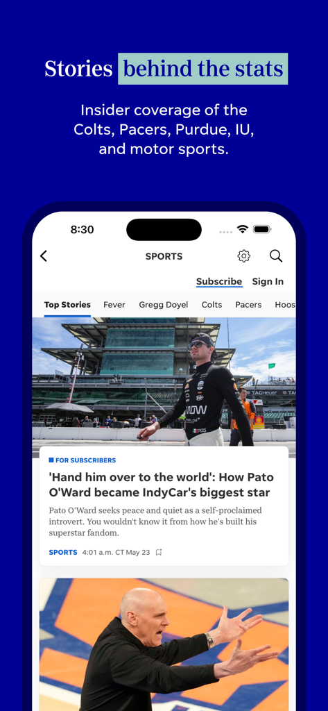 IndyStar: Indianapolis Star - IndyStar mobile app sports section showing local news and insider coverage for teams like the Colts and Pacers.