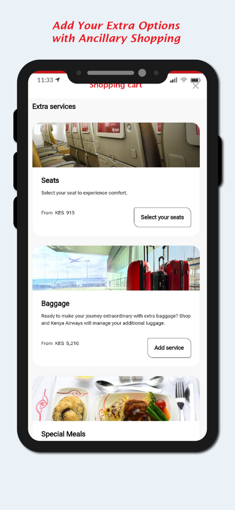 Kenya Airways - Kenya Airways app interface for selecting extra travel services like seats and baggage