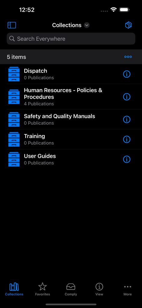 Comply365 app screen showing document collections including dispatch HR policies safety manuals and training modules