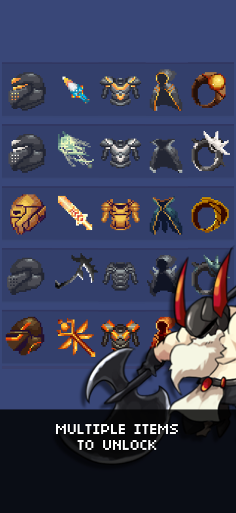 Grid of pixel art equipment sets and weapons to unlock in Hero's Quest Automatic RPG.