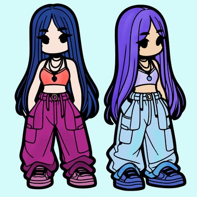 girl in baggy pants crop top and long hair