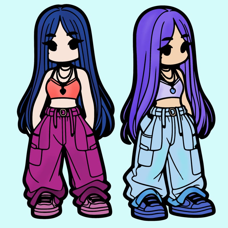 girl in baggy pants crop top and long hair