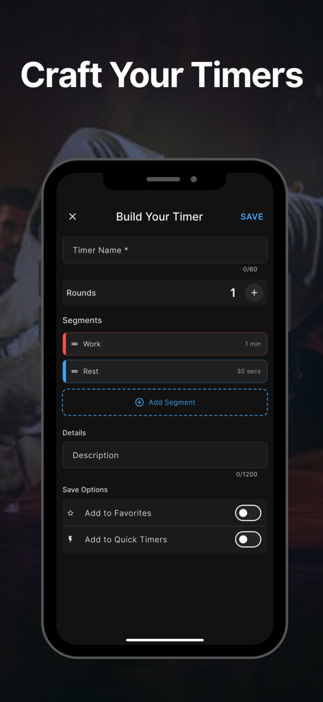 TapFlow: BJJ Timer & Drills - Pantalla de creación de temporizadores de BJJ personalizados en la aplicación TapFlow que muestra la configuración de asaltos e intervalos de trabajo-descanso.