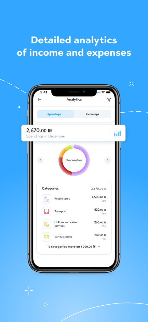 STB Union - Money transfer app - STB Union app screen showing detailed analytics of income and expenses with spending categories