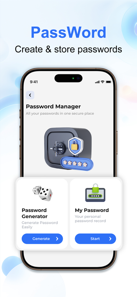 AI Cleaner：Phone Cleaner - AI Cleaner app password manager screen with secure vault and password generator tools
