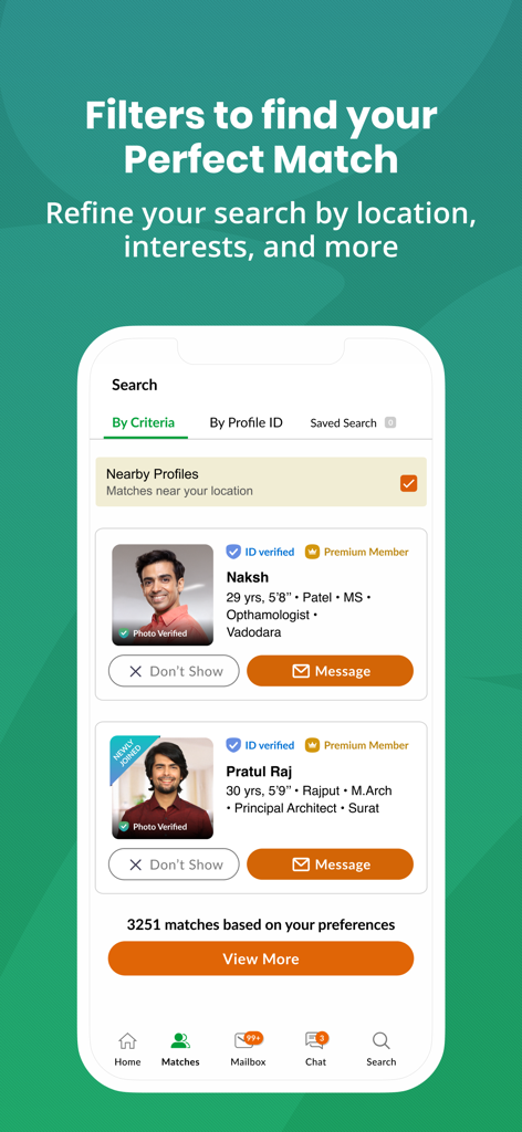 GujaratiMatrimony - Shaadi App - GujaratiMatrimony app search screen showing verified professional profiles and advanced search filters for location and interests.