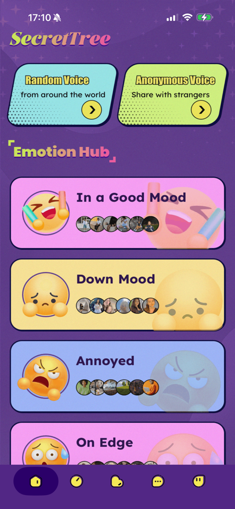 Interfaz de la aplicación Joli mostrando el "Emotion Hub" con categorías de estado de ánimo para compartir voz anónimamente