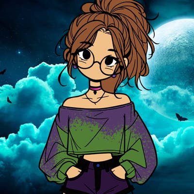 girl with a messy ponytail glasses a baggy crop top and jean shorts