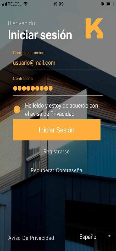 Kolonus - Kolonus residential management app login screen with email and password fields over a modern housing background