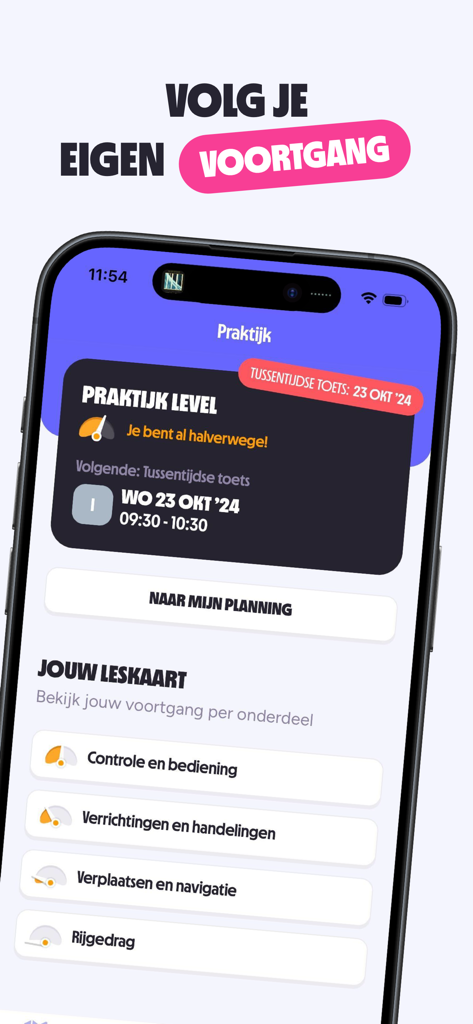Smartphone mit Fortschrittsanzeige der Fahrstunden und bevorstehenden Tests in der On My Way App