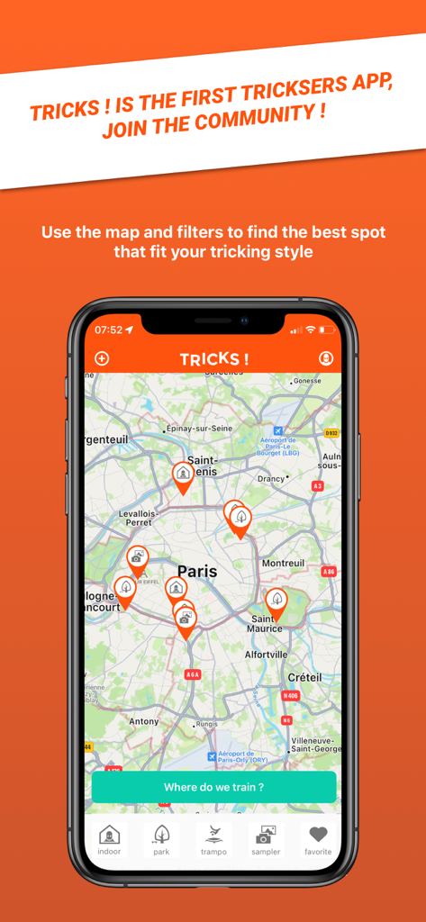 Tricks ! - Interfaz de mapa de la aplicación Tricks que muestra varios lugares de entrenamiento