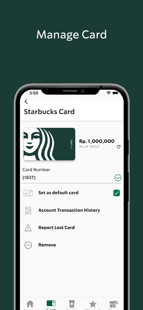 Pantalla de gestión de tarjeta de la aplicación móvil Starbucks Indonesia con visualización de saldo y configuración