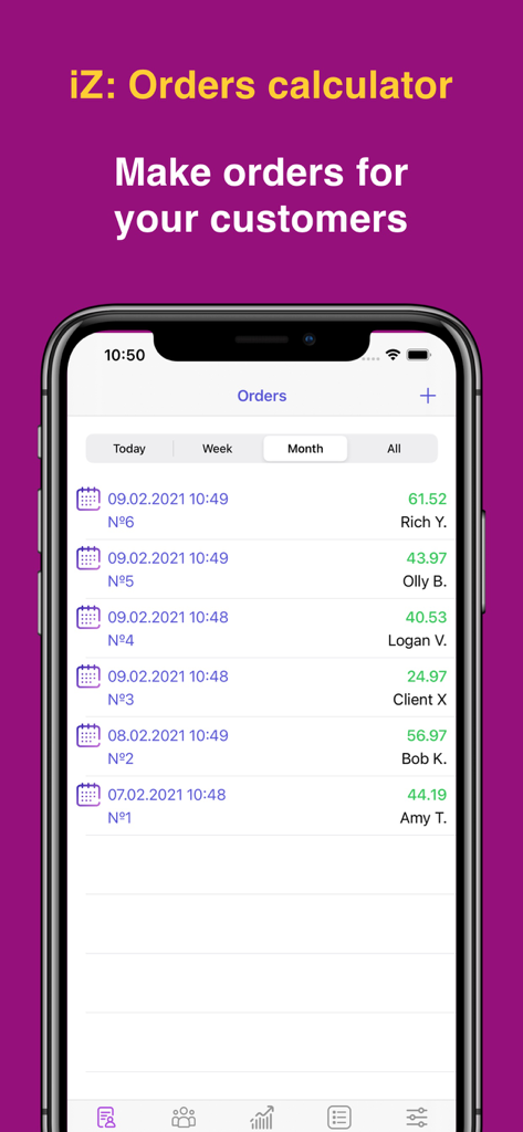 iZ: Orders calculator - Interfaz de la aplicación iZ Orders Calculator que muestra una lista de pedidos recientes de clientes con fechas y totales en una pantalla de iPhone.