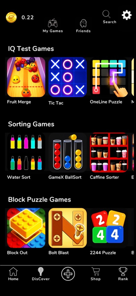 GameX App-Oberfläche, die verschiedene Spielekategorien zeigt, darunter IQ-Test, Sortier- und Blockpuzzles