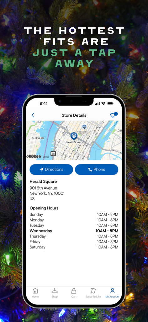 Aeropostale app store details screen showing Herald Square location with map and opening hours.
