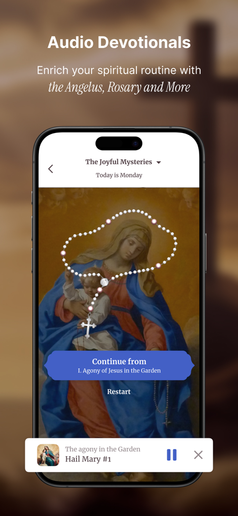 Oremus - Catholic Bible&Prayer - Oremus app interface showing the Joyful Mysteries audio Rosary prayer feature with a religious painting of the Virgin Mary