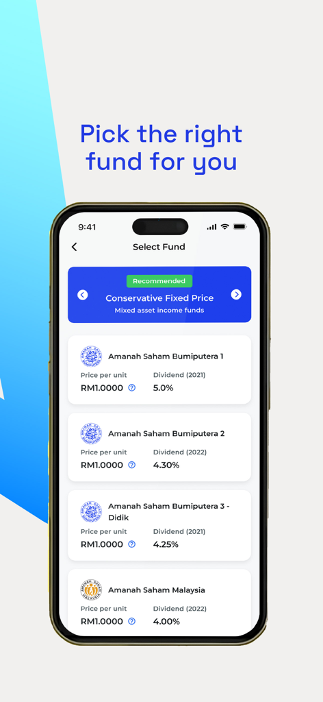 myASNB - Schermata mobile dell'app myASNB che mostra un elenco di fondi di investimento da selezionare con dettagli su dividendi e prezzo per unità.