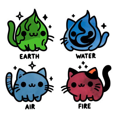 4 cats that represent the different elements, earth, water, air, and fire
