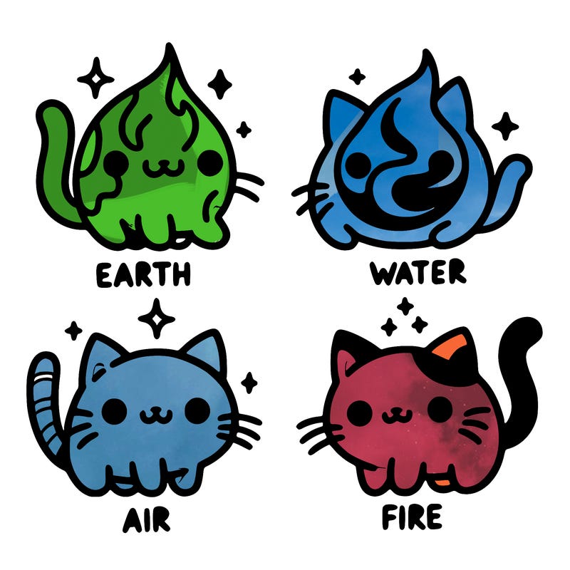 4 cats that represent the different elements, earth, water, air, and fire