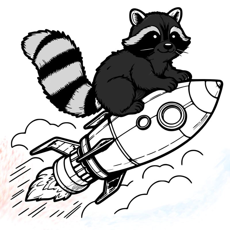 realistic raccoon flying on top rocket ship