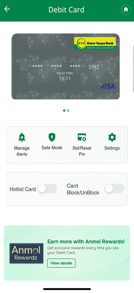 Interface of the KVB DLite app for managing debit card settings including options to block the card, reset PIN, and view rewards.