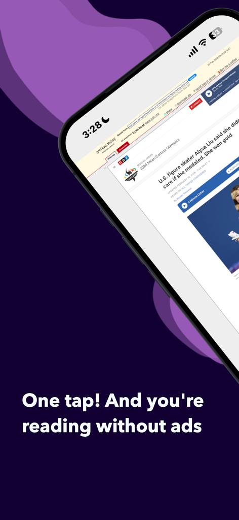 WebRewind - Web Archiver - 広告なしで読んでいることがわかる、テキストオーバーレイ付きのアーカイブされたNPR記事を表示するiPhone画面
