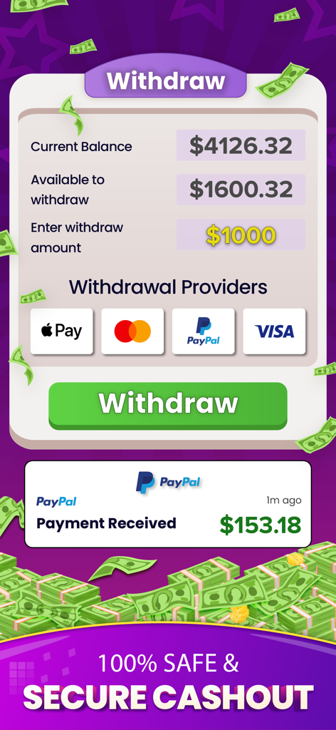 Solitaire Vie: Real Money Game - Tela de saque seguro no aplicativo Solitaire Vie mostrando o saldo e opções de pagamento como PayPal e Visa