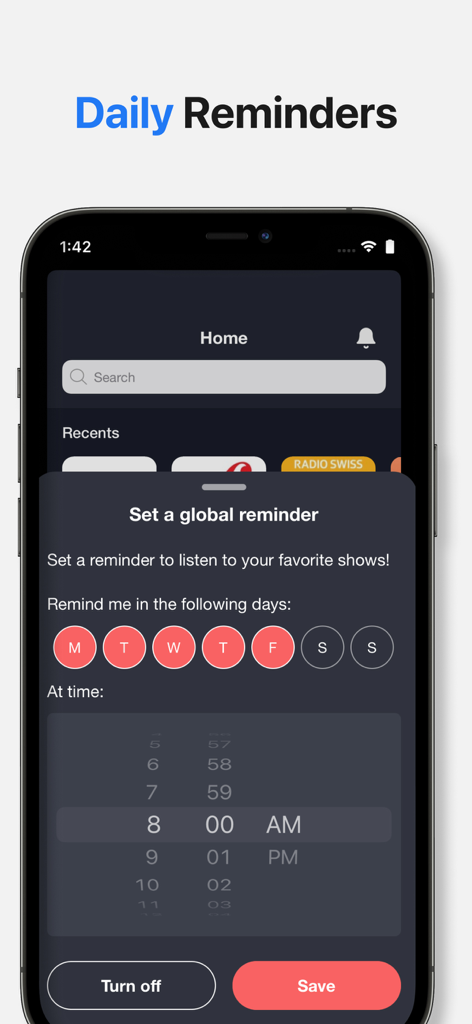 Interface for setting daily radio show reminders on a smartphone