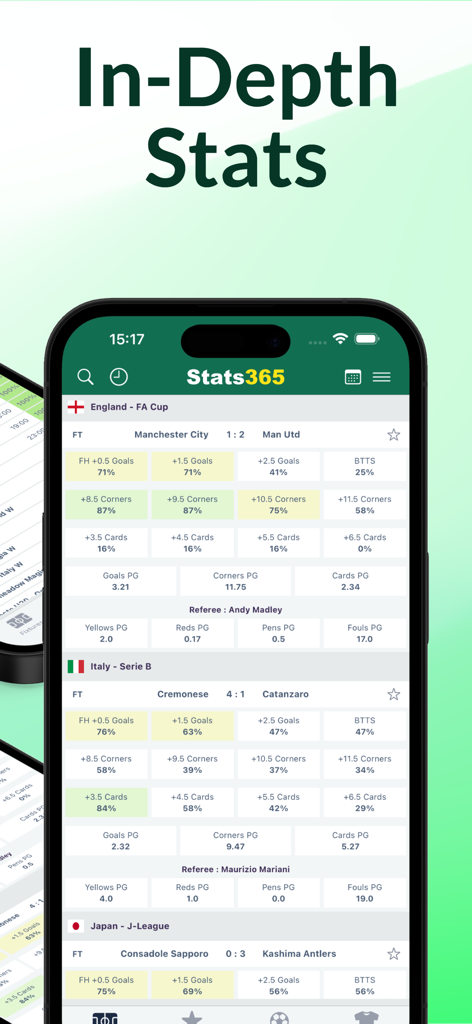 Stats 365 모바일 앱 인터페이스는 심층 축구 경기 통계 및 성능 분석을 보여줍니다.