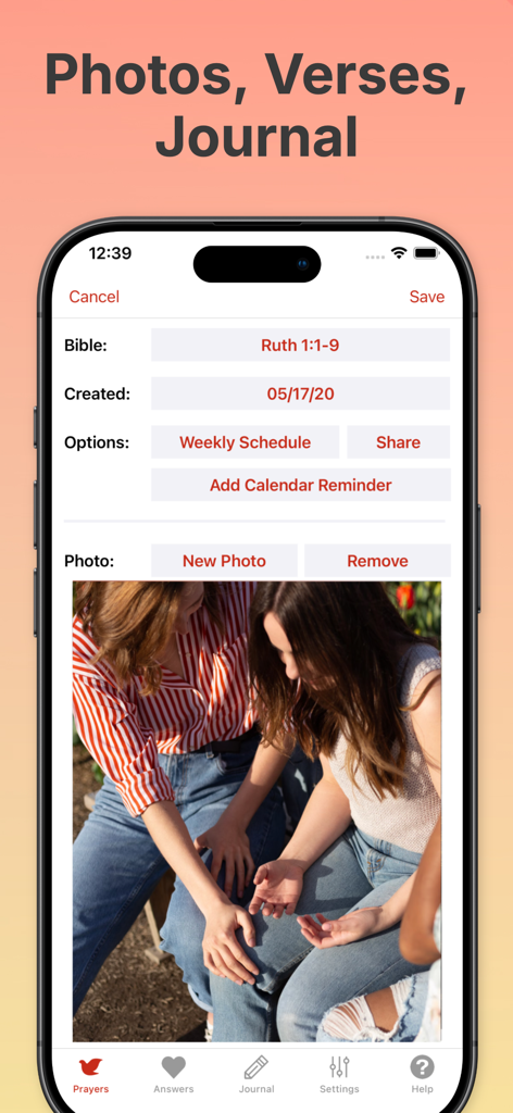 Amen Prayer Journal app interface showing a prayer entry with a Bible verse and a photo of women praying together