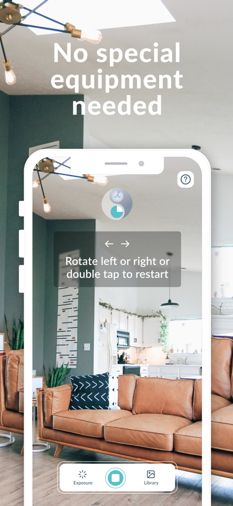 住宅インテリアの360度バーチャルツアーをキャプチャするCloudPanoモバイルアプリのインターフェイス。