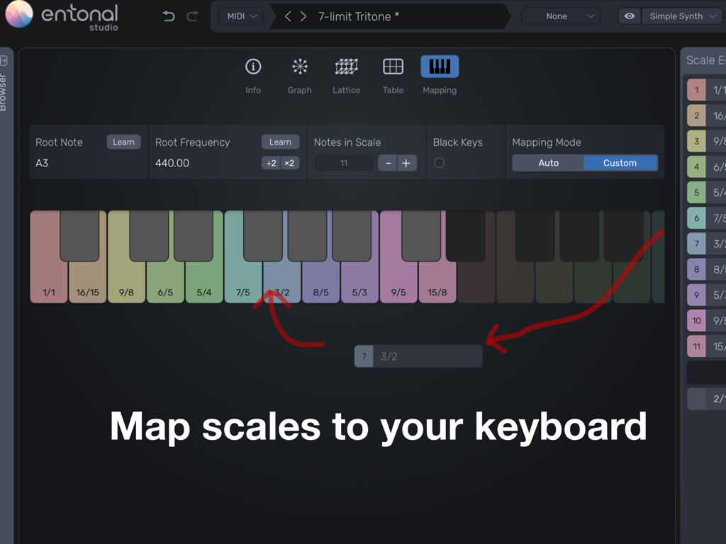 Entonal Studio - Interface do Entonal Studio mostrando como mapear escalas microtonais personalizadas para um teclado musical