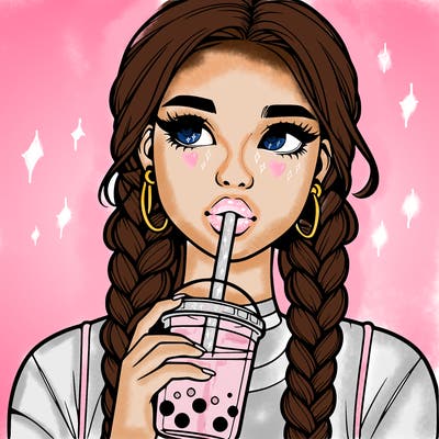 realistic girl with braided hair drinking boba