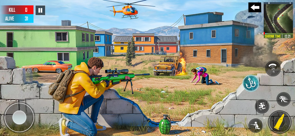 A character in a yellow jacket aiming a green sniper rifle from behind a stone wall in Max Fire Battlegrounds Offline.
