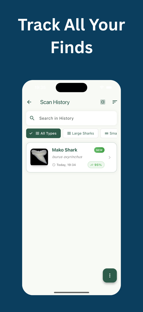Shark Tooth Identifier: Scan - A mobile screen showing the scan history of a shark tooth identifier app with a mako shark tooth entry.