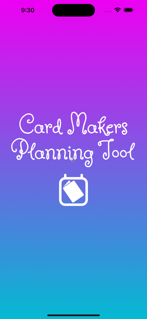 Tela inicial do aplicativo Card Maker exibindo o título Card Makers Planning Tool e um ícone de calendário