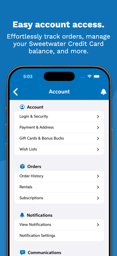 Sweetwater Music & Audio Gear - Interface of the Sweetwater app account section showing order history and payment settings