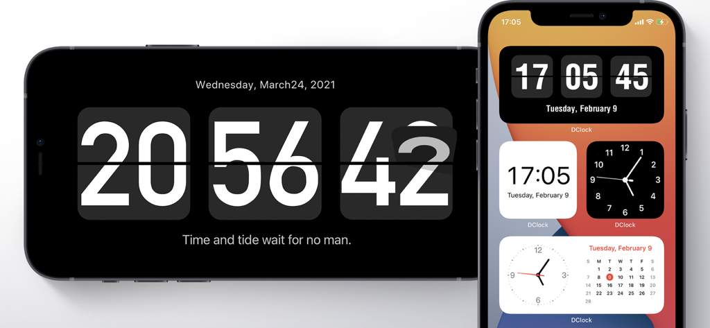 DClock app interface showing a large digital flip clock display and various iOS home screen widgets.