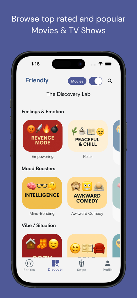 The Discovery Lab screen in the Friendly app showing movie categories based on moods and feelings like Revenge Mode and Peaceful and Chill
