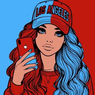 realistic beautiful girl wearing los ángeles cap holding an iphone