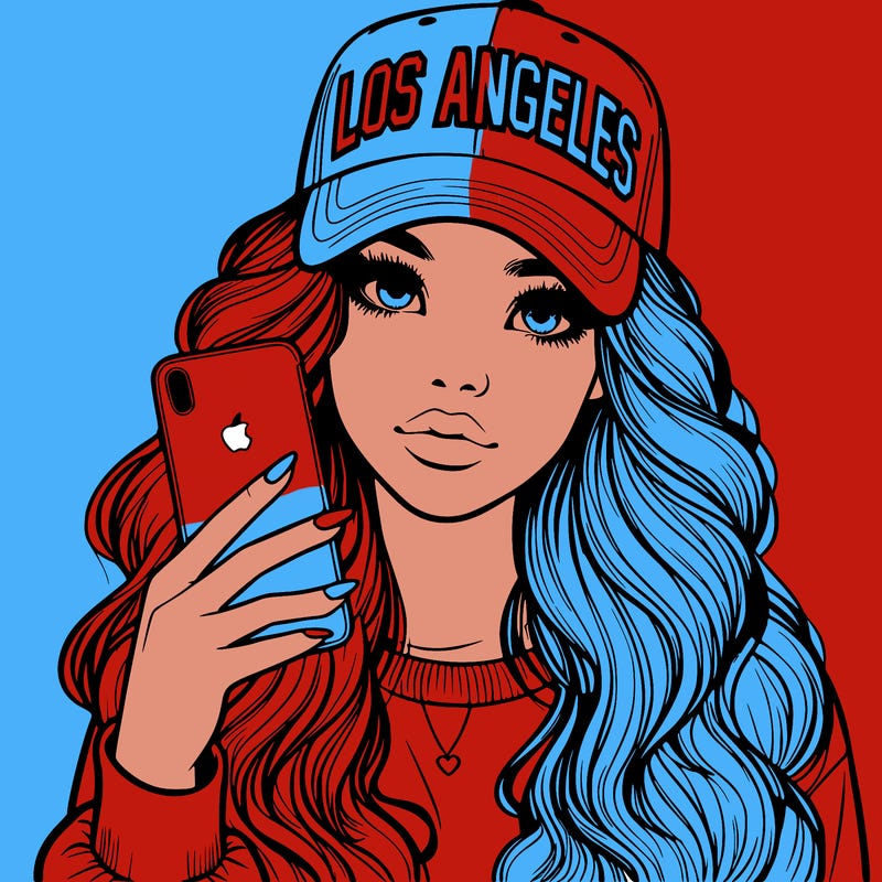 realistic beautiful girl wearing los ángeles cap holding an iphone