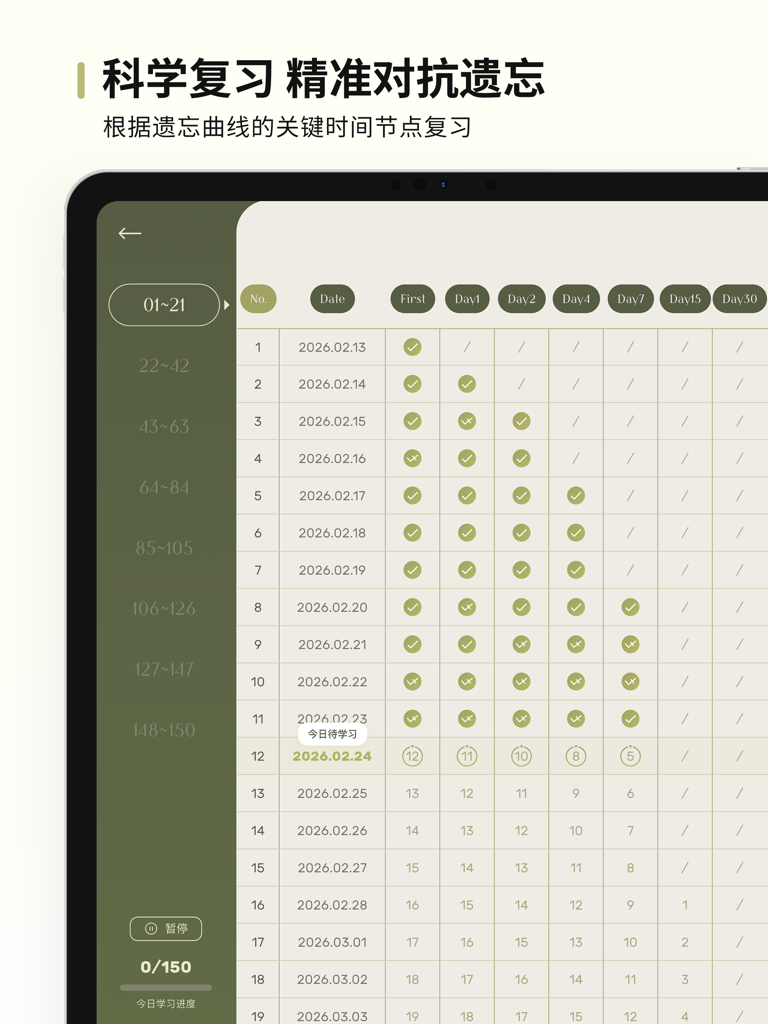 A study planning table in the EbinGo app showing review dates based on the Ebbinghaus forgetting curve.