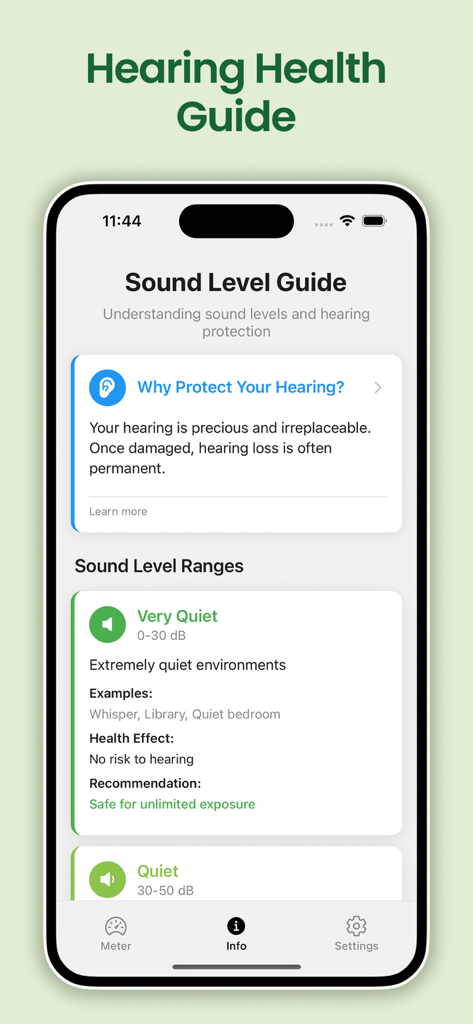 Sound Meter, dB - HearUp - A mobile screen showing a sound level guide with decibel ranges and hearing protection information in the HearUp app